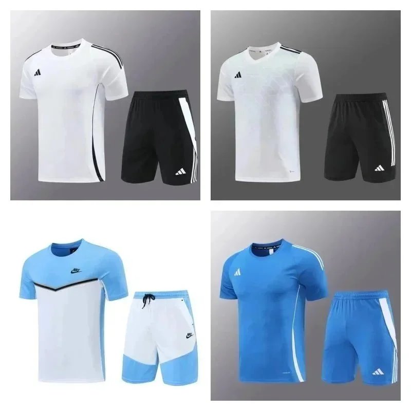 Adidas Performance Training Set - White/Black Striped Short Sleeve Tee & Shorts