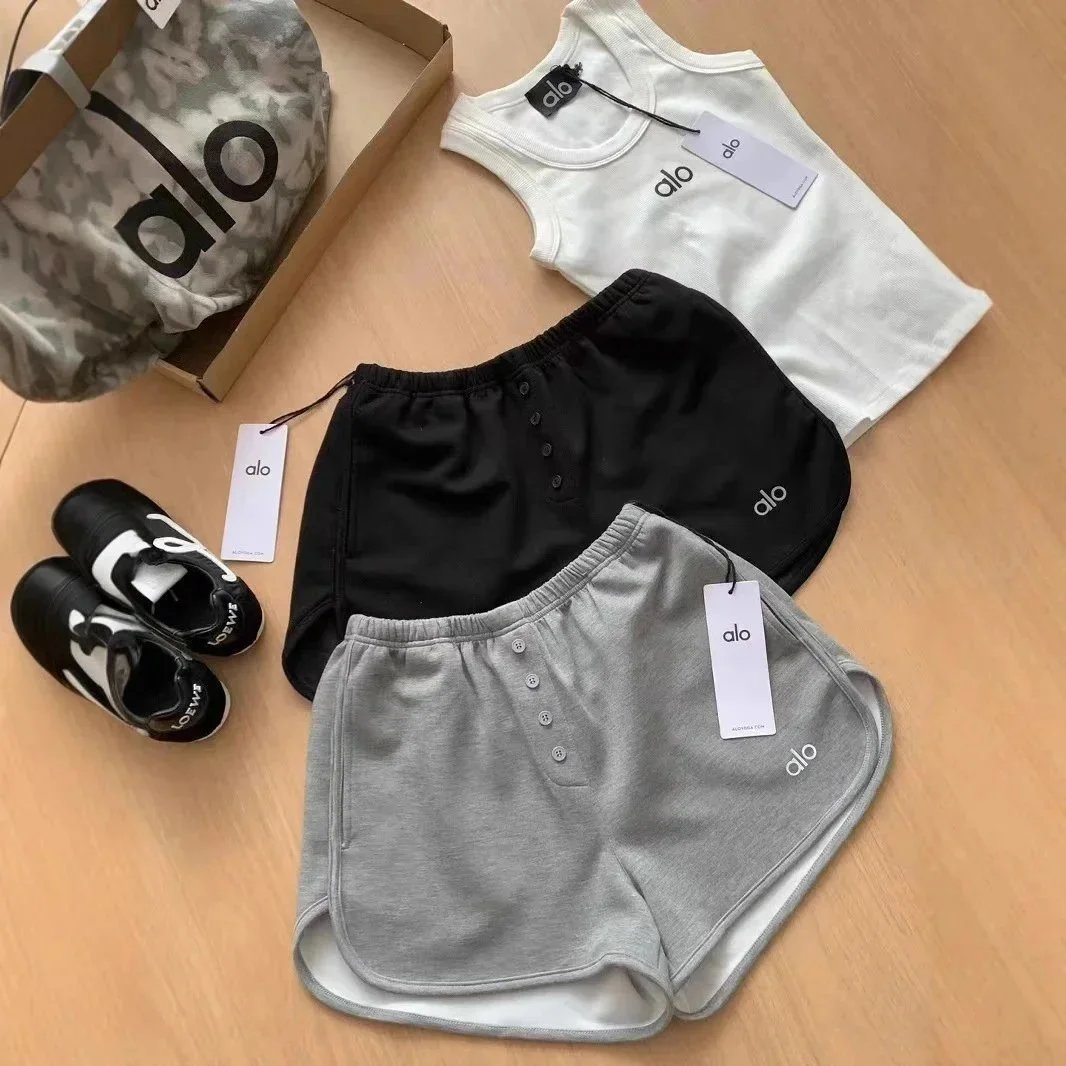 alo Yoga Button-Front Shorts - Black and Gray Heather