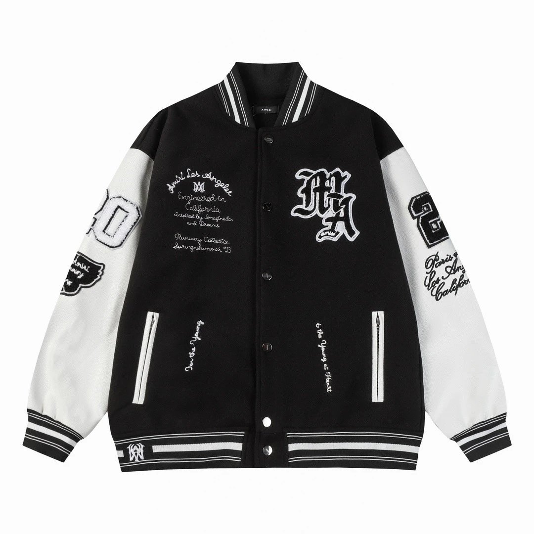 AMIRI Black-White Varsity Jacket with Embroidered Logos and Text