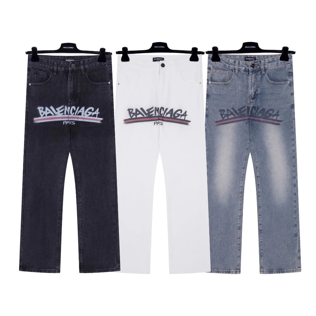 Balenciaga Logo Print Straight-Cut Denim Jeans - Black White Blue