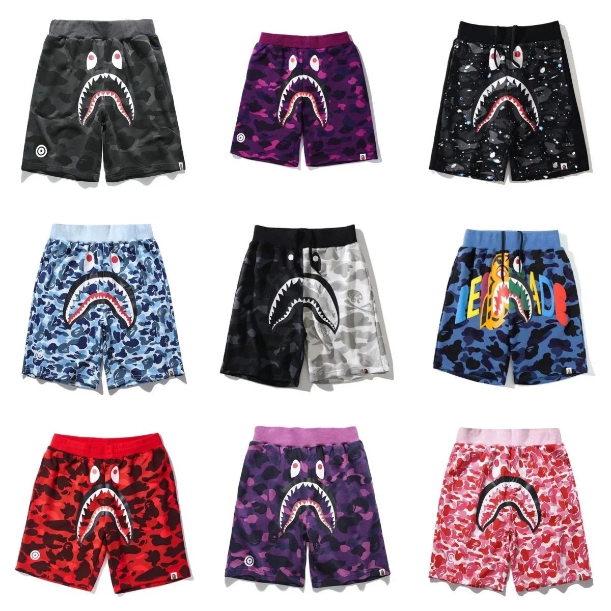 BAPE Shark Camo Shorts - Black Military Camo with Iconic Shark Face