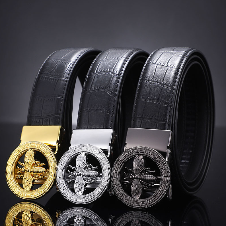 BeeCraft Croc-Texture Leather Belt with 3D Bee Buckle - Gold/Silver/Black