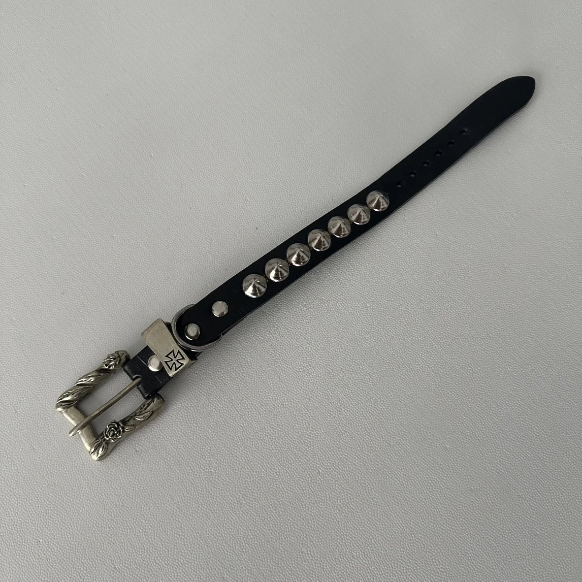 Black Leather Studded Belt with Ornate Silver Buckle