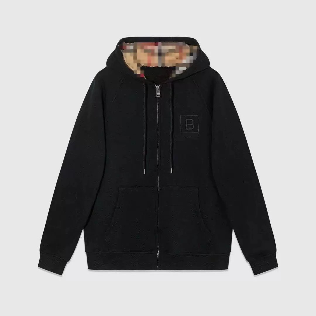 Burberry Black Zip-Up Hoodie with Check Lining and Embossed B Logo