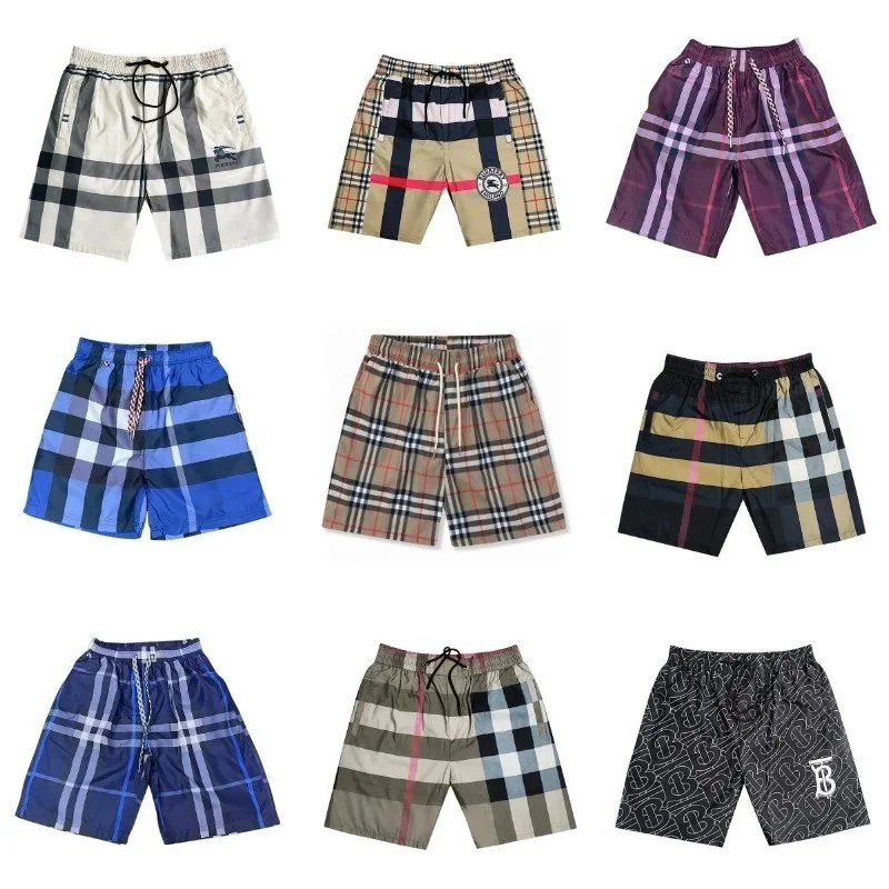 Burberry Classic Check Swim Trunks - Navy Blue Plaid with Drawstring Waist