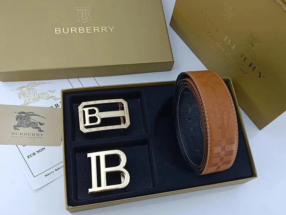 Burberry Classic Check Tan Leather Belt with Interchangeable B Buckles