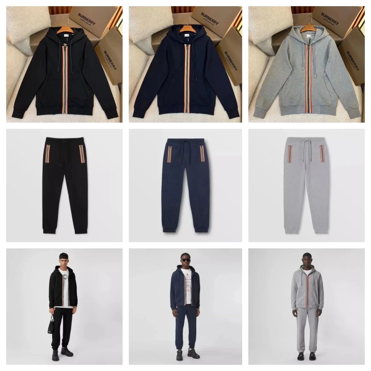 Burberry Icon Stripe Zip-Up Hoodie and Jogger Set - Black/Navy/Grey