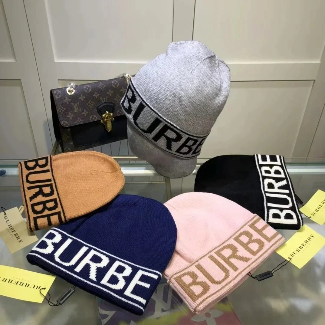 Burberry Logo Knit Beanie Hat - Gray with Black Band