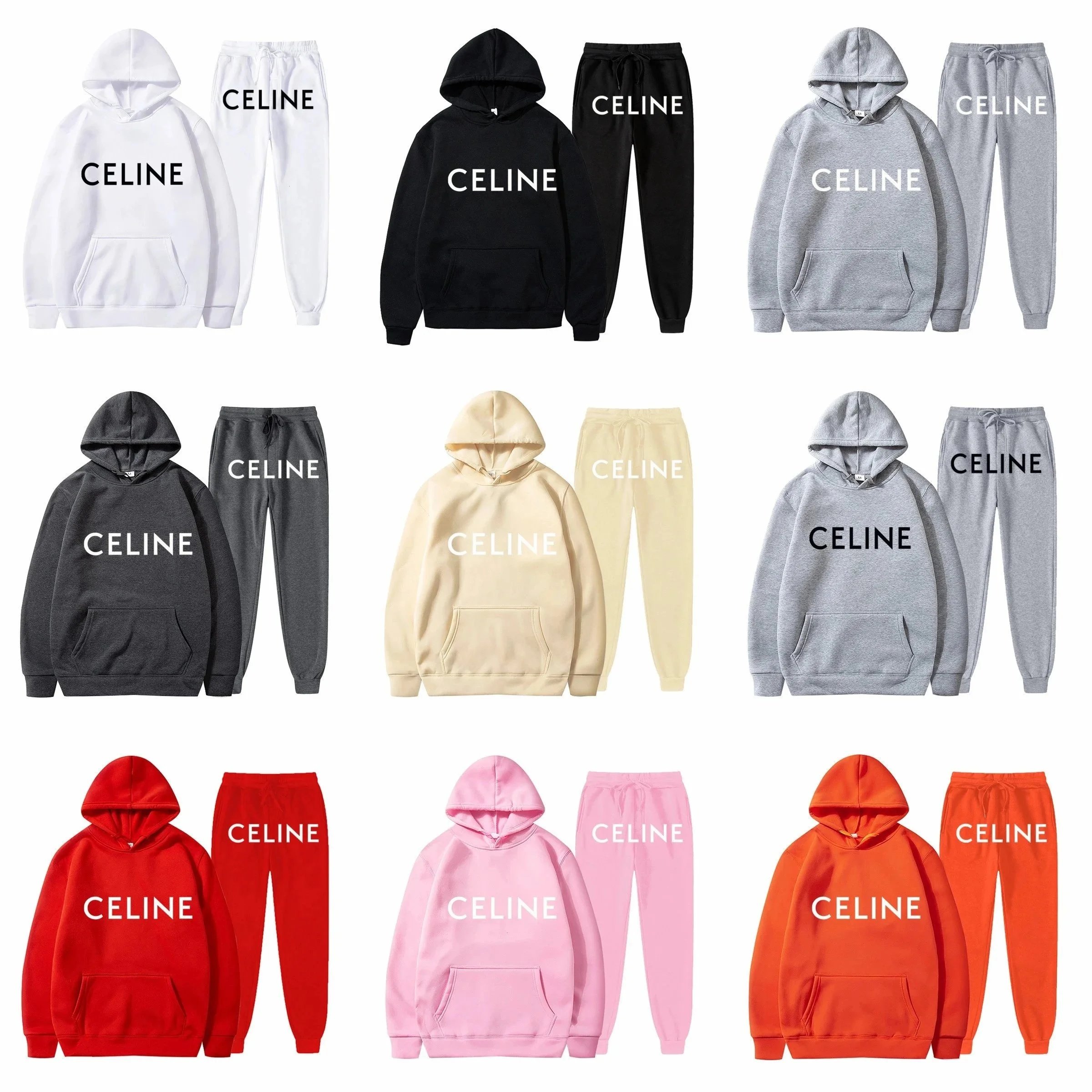 CELINE Logo Hoodie and Jogger Set - White Black Gray Red Pink Orange