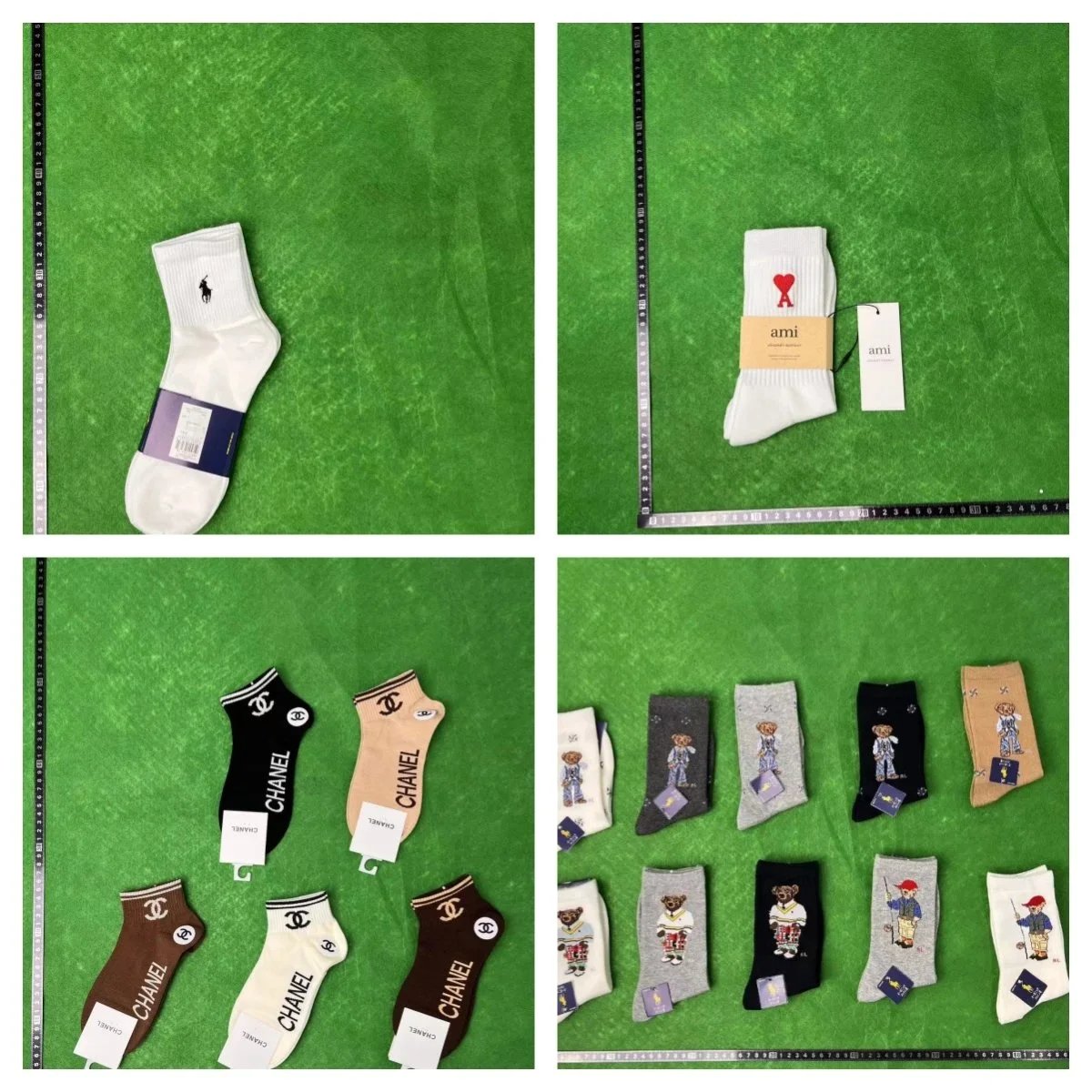 Chanel Logo Ankle Socks - Black Beige Brown White Striped Cuff
