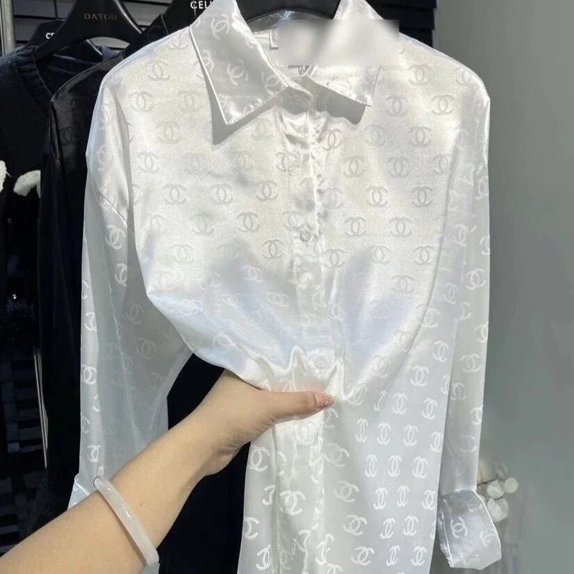 Chanel White Satin Logo-Print Long Sleeve Shirt