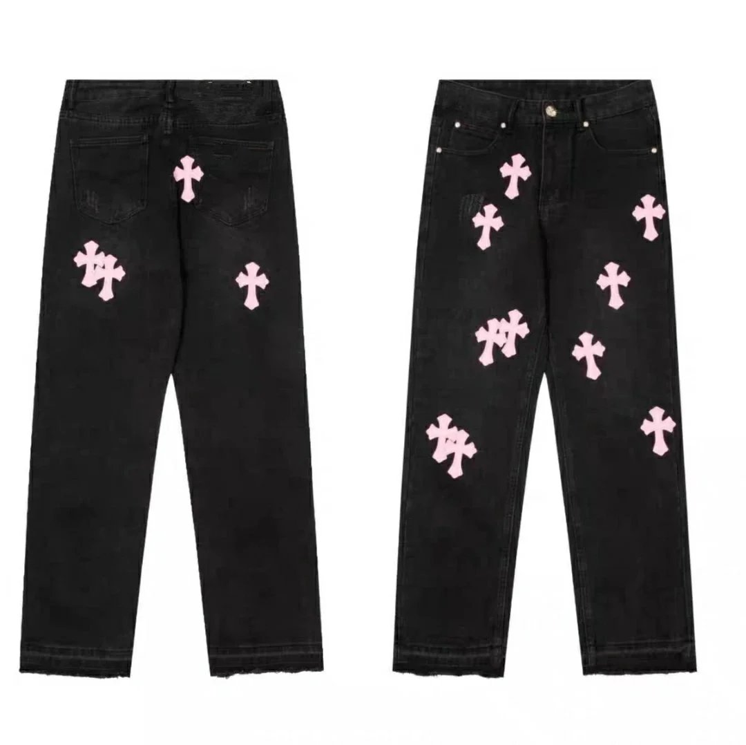 Chrome Hearts Black Denim Jeans with Pink Cross Embroidery
