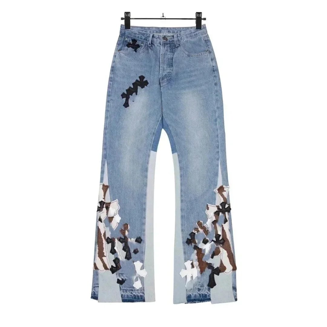 Chrome Hearts Distressed Cross-Embroidered Flare Jeans - Light Wash