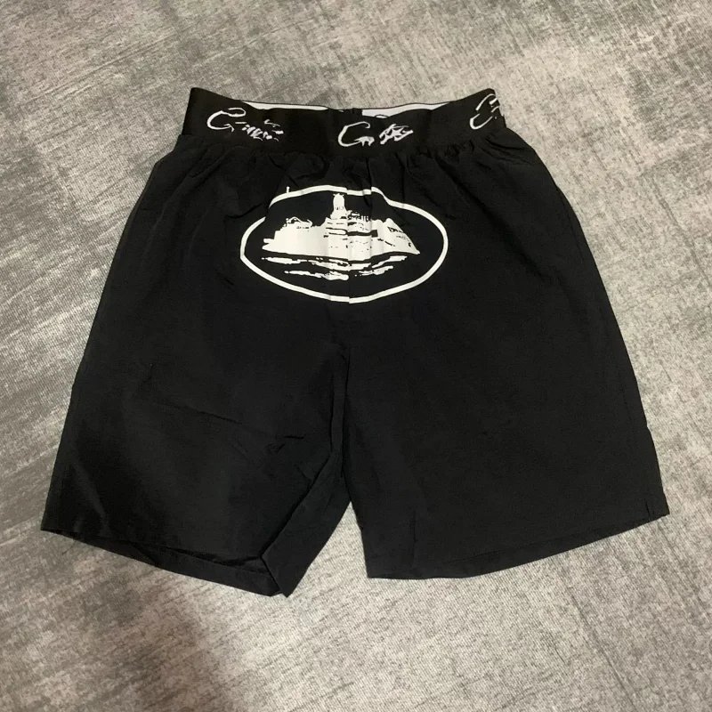 Corteiz Black Boxer Shorts with White Ship Logo Print