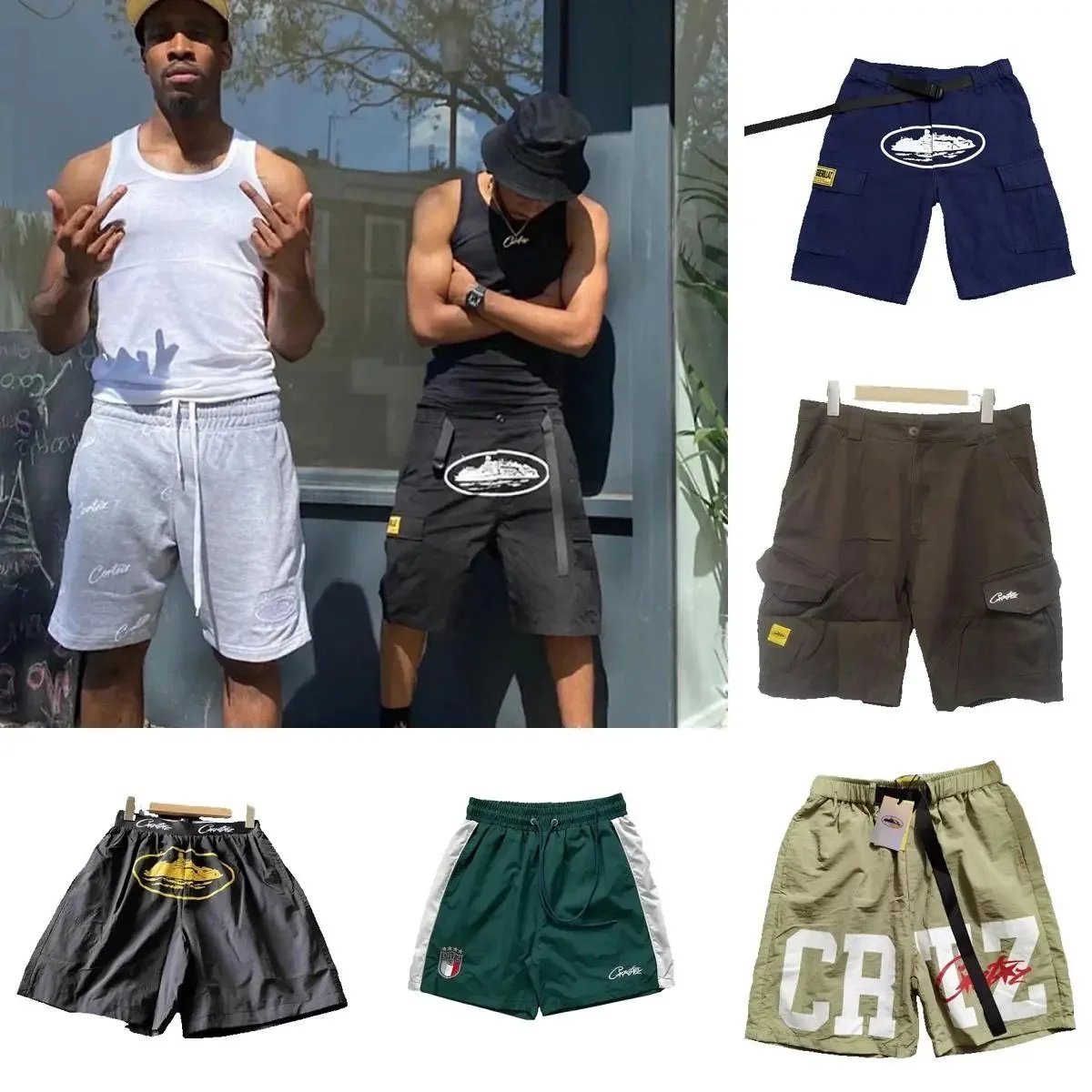 Corteiz Cargo Shorts Navy with Ship Logo and Adjustable Belt