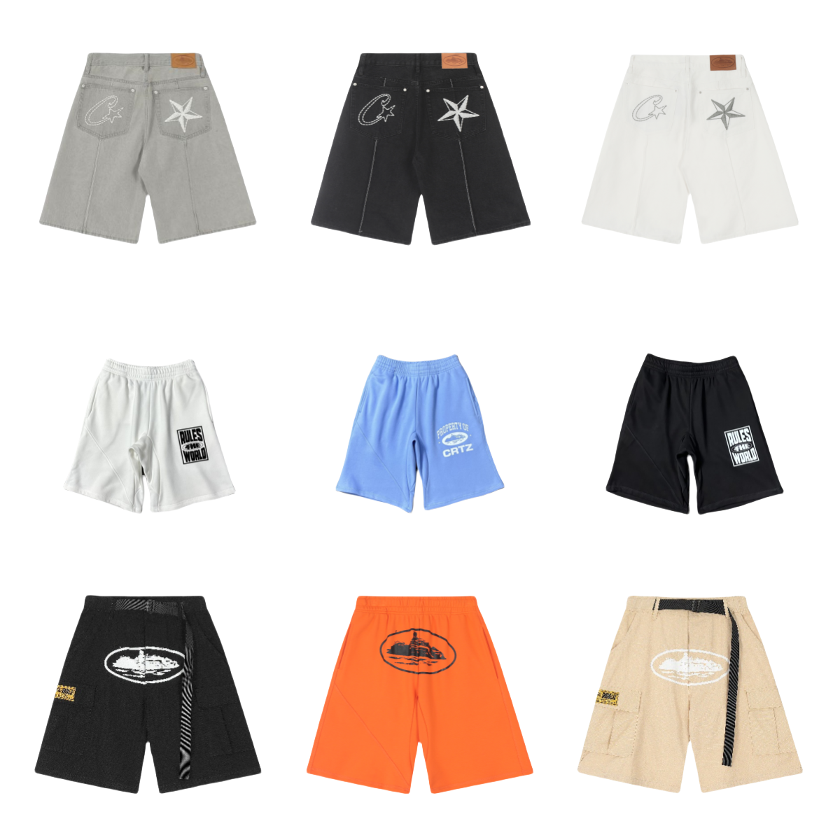 CRTZ Star-Embroidered Denim Shorts - Gray Black White