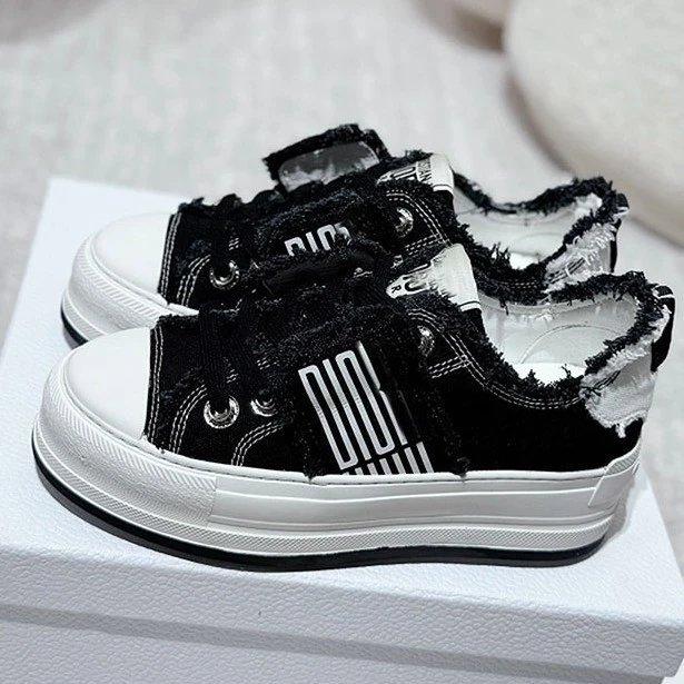 Dior B23 Black Distressed Canvas Sneakers with White Sole
