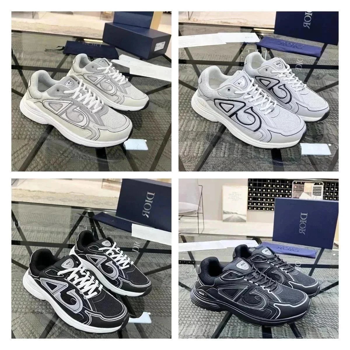 Dior B23 Low-Top Sneakers Gray and Black Mesh with Logo Overlay