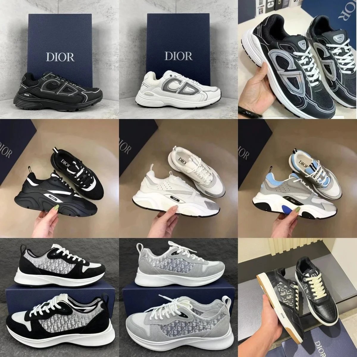 Dior B23 Oblique Logo Chunky Sneakers Black White Grey