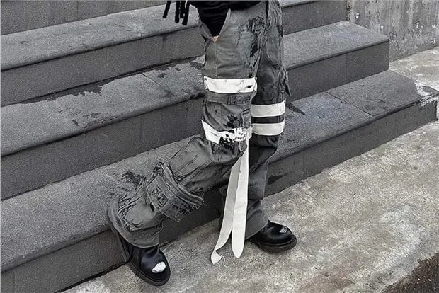 Distort Tactical Cargo Pants - Gray Distressed with White Tape Straps