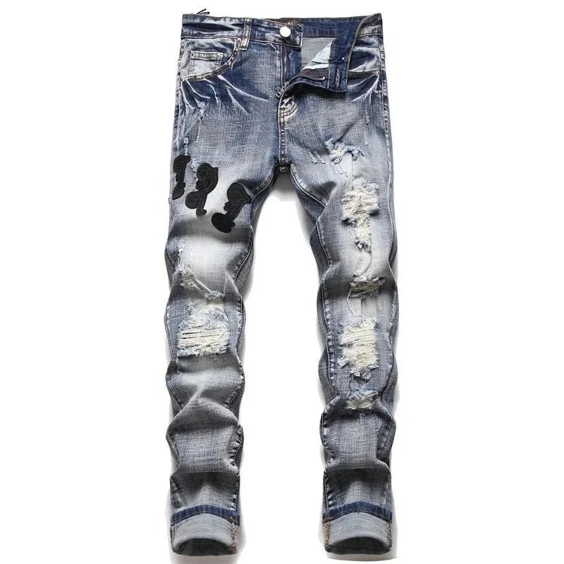 Distressed Blue Denim Jeans with Black Embroidered Skulls