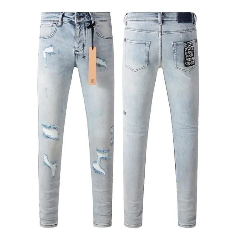 Distressed Light Wash Slim Fit Jeans with Patch Pocket