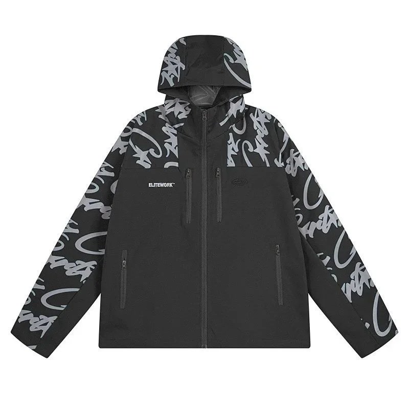 ELITEWORK Graffiti Print Hooded Softshell Jacket Black