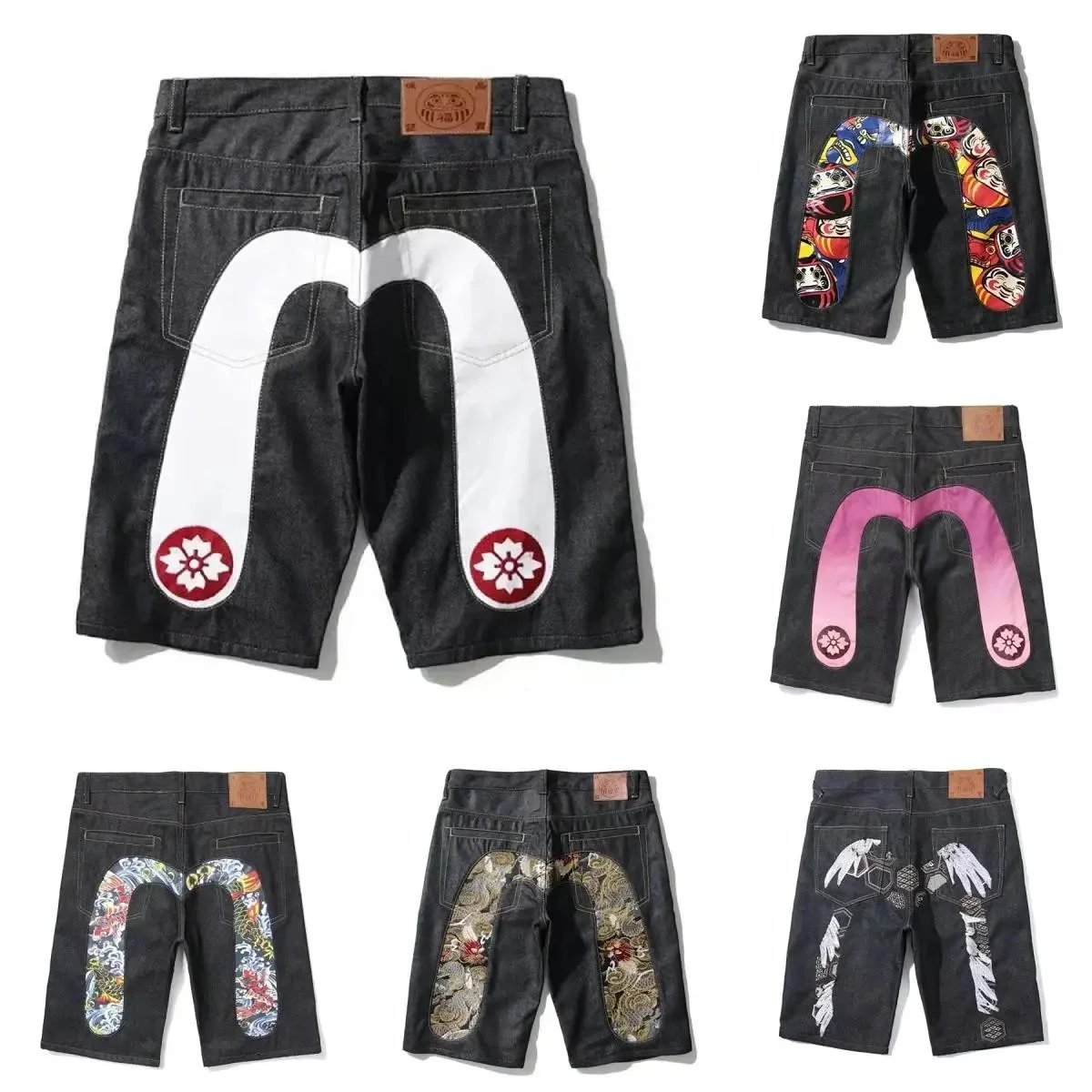 Evisu Fujiyama Denim Shorts with White M-Logo and Cherry Blossom Patches