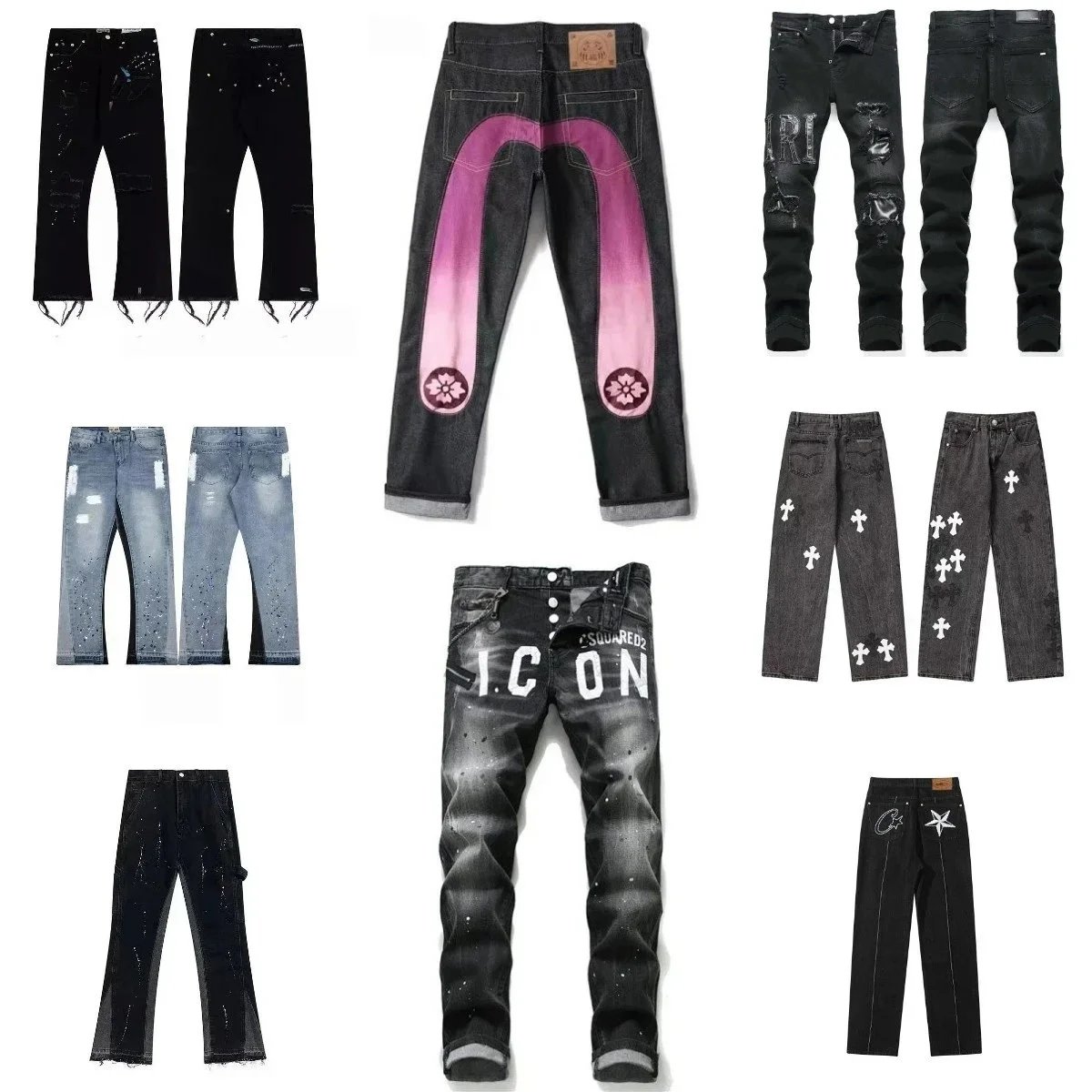 Evisu Pink Gradient Arc Logo Denim Jeans with Cherry Blossom Patches