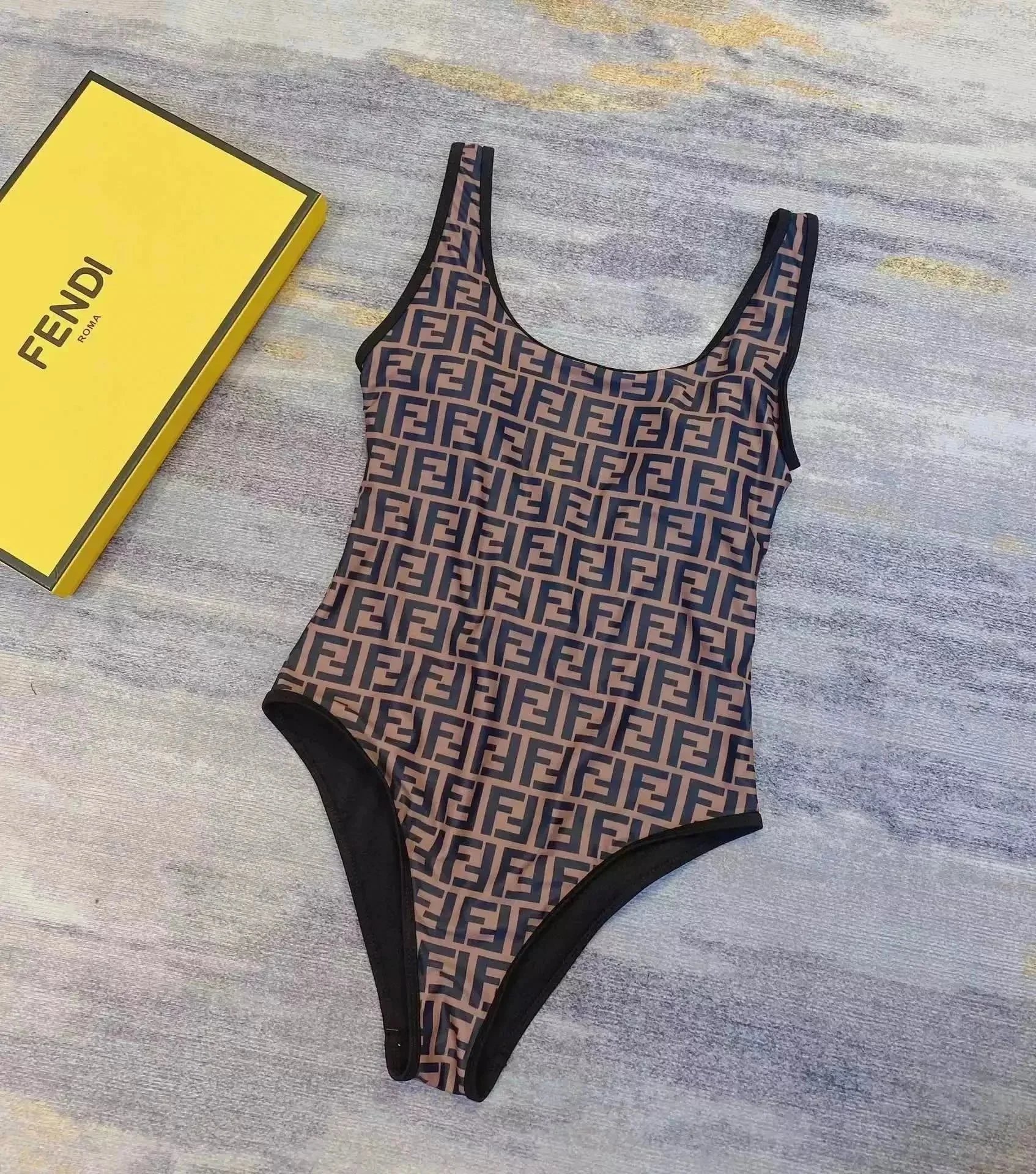 Fendi FF Logo Monogram One-Piece Swimsuit Beige Navy