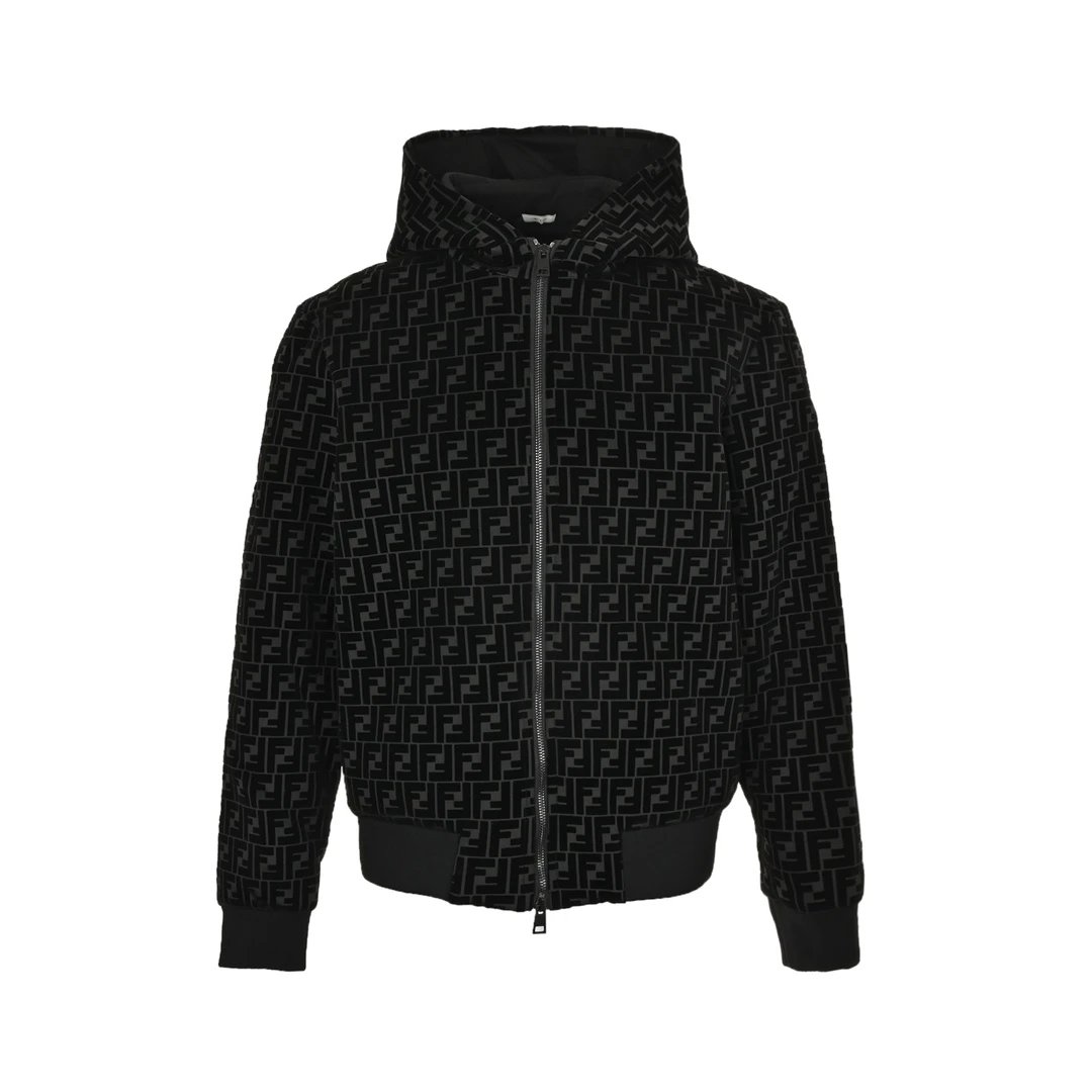 Fendi FF Logo Velvet Hooded Bomber Jacket Black