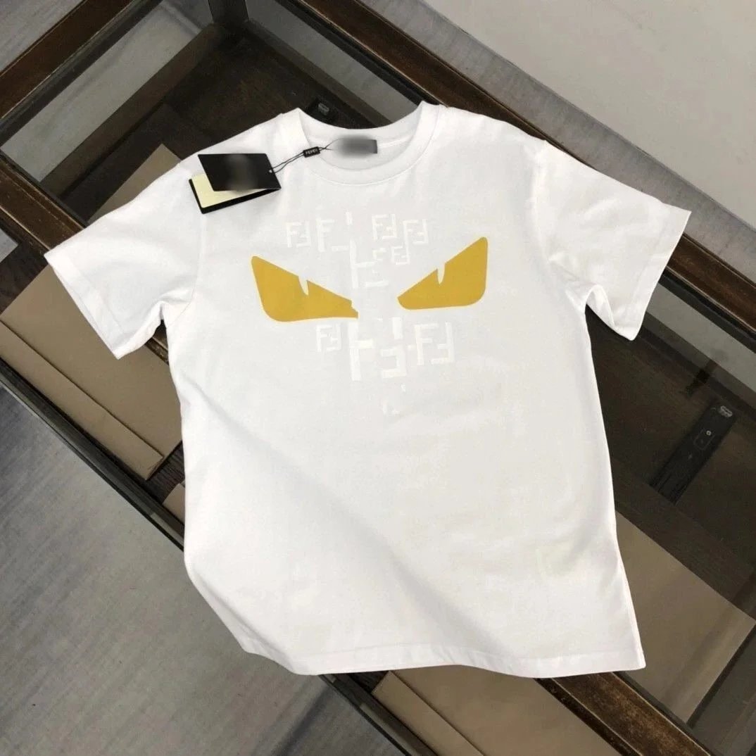 Fendi Monster Eyes White Cotton T-Shirt with Yellow Logo Print