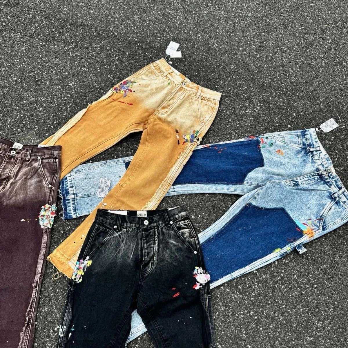 GALLERY Paint-Splatter Distressed Denim Jeans - Multi-Color Patchwork