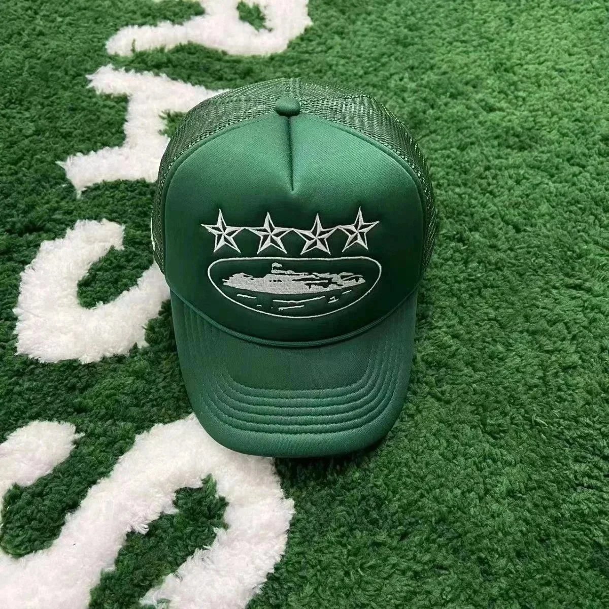 Green Mesh Trucker Hat with Four-Star Submarine Embroidery