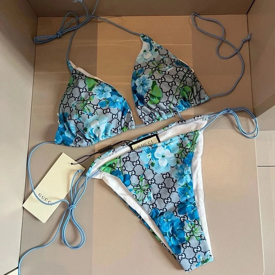 Gucci Floral GG Print Triangle Bikini Set Blue Green