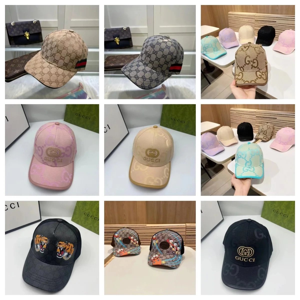 Gucci GG Monogram Baseball Cap with Tiger Embroidery Beige