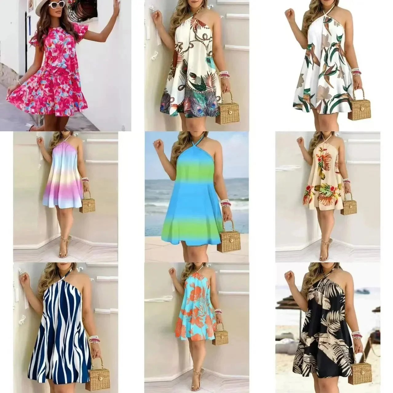 Halter Neck Floral Print A-Line Mini Dress with Ruffle Detail
