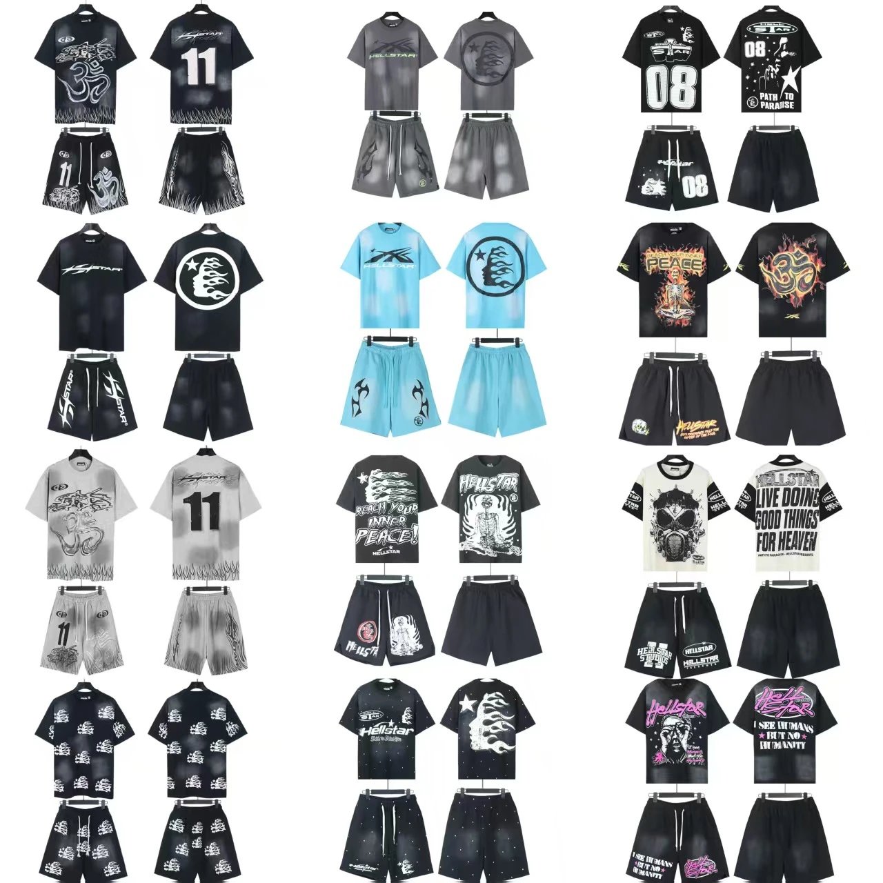 HELLSTAR 11 Number Graphic Tee and Shorts Set - Black Flame Print