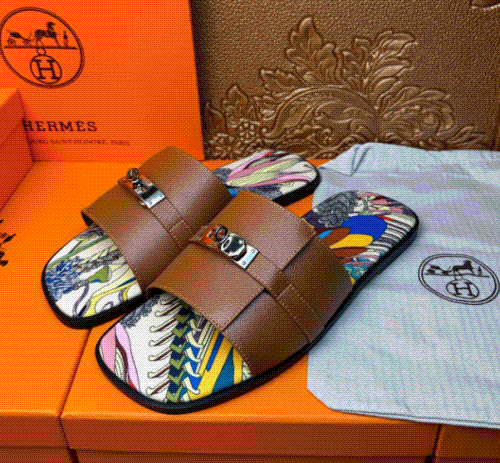 Hermès Oran Slide Sandals Multicolor Print Brown Leather