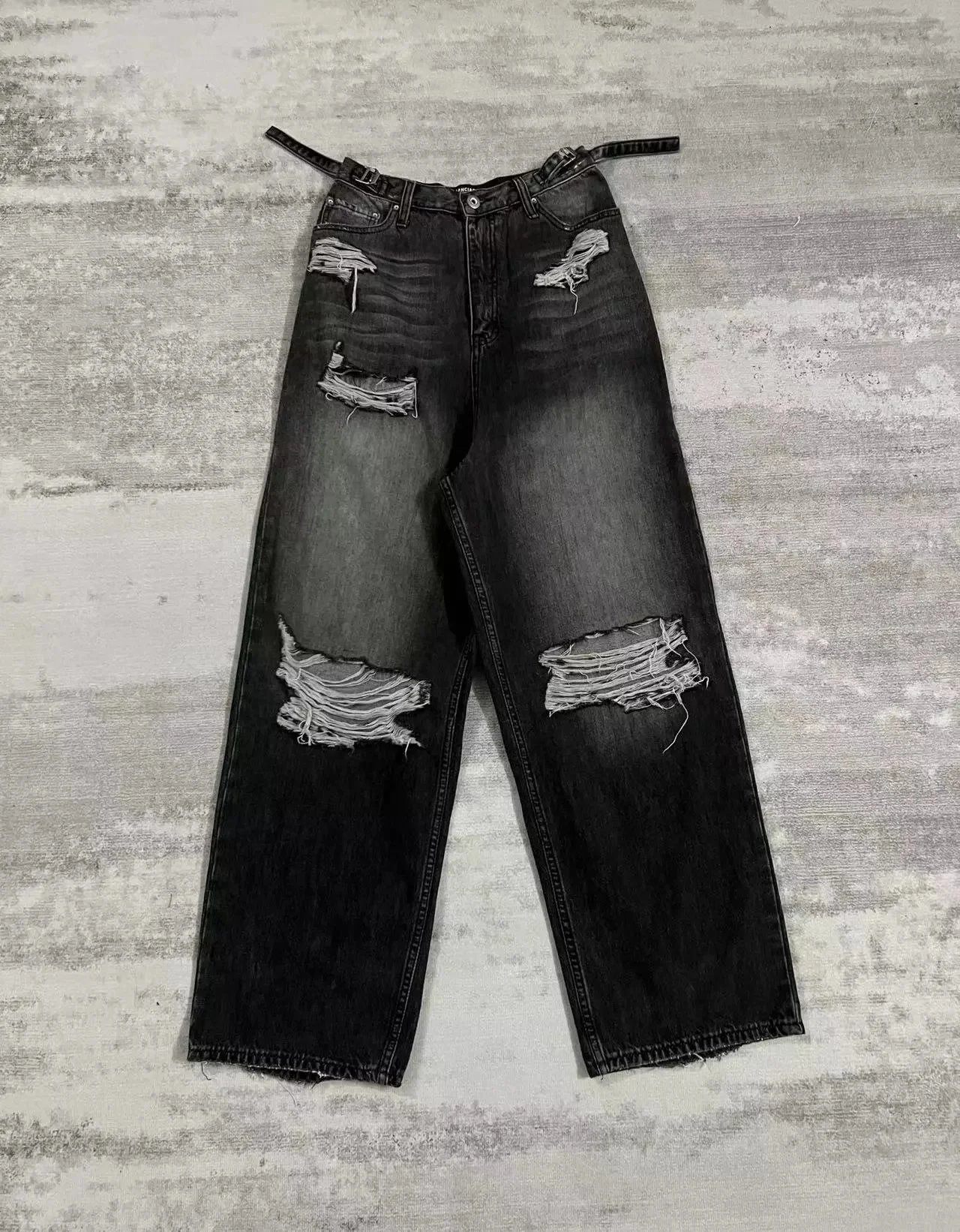INCIA Distressed Black Wide-Leg Ripped Jeans with Belt Loops