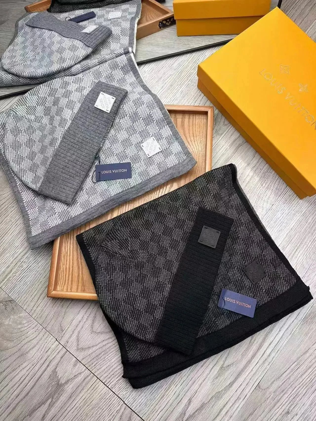Louis Vuitton Damier Graphite Knit Scarf and Beanie Set