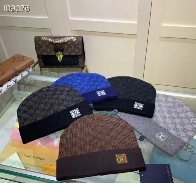 Louis Vuitton Monogram Knit Beanie Hat with Gold Logo Patch