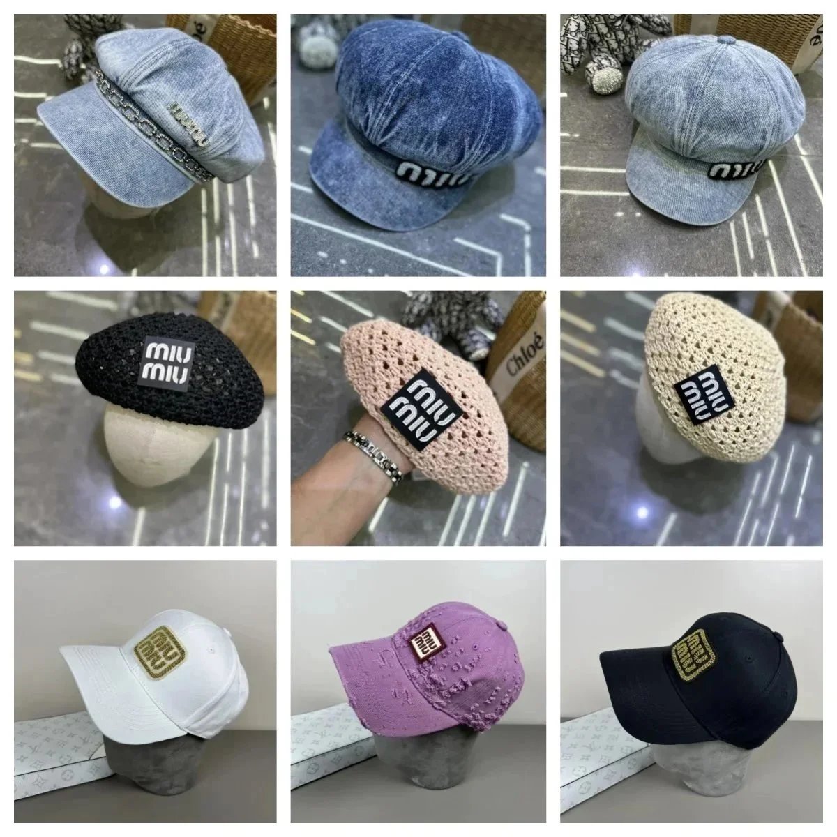 Miu Miu Denim and Crochet Berets with Logo Patch Caps