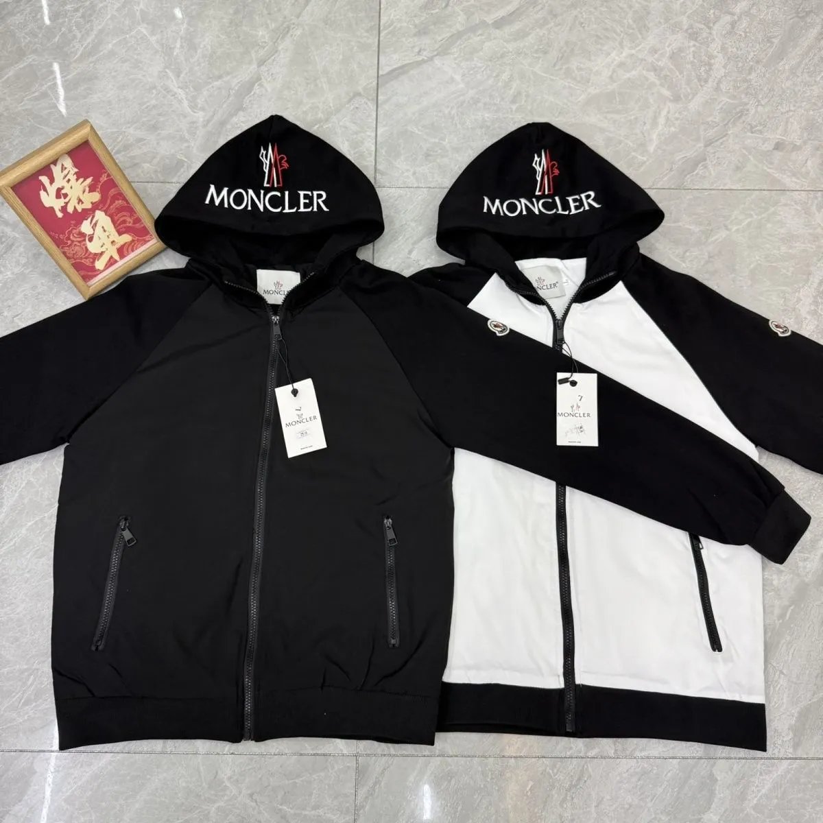 Moncler Hooded Zip-Up Jacket Black and White Colorblock