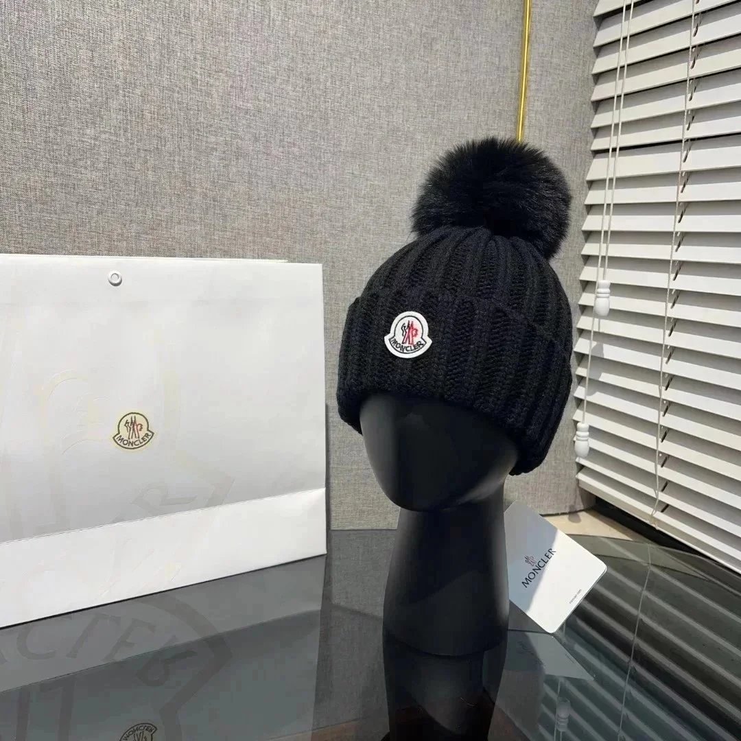 Moncler Knit Beanie with Fur Pom-Pom - Black