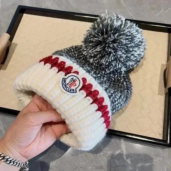 Moncler Knit Beanie with Pom-Pom - Cream Red Gray