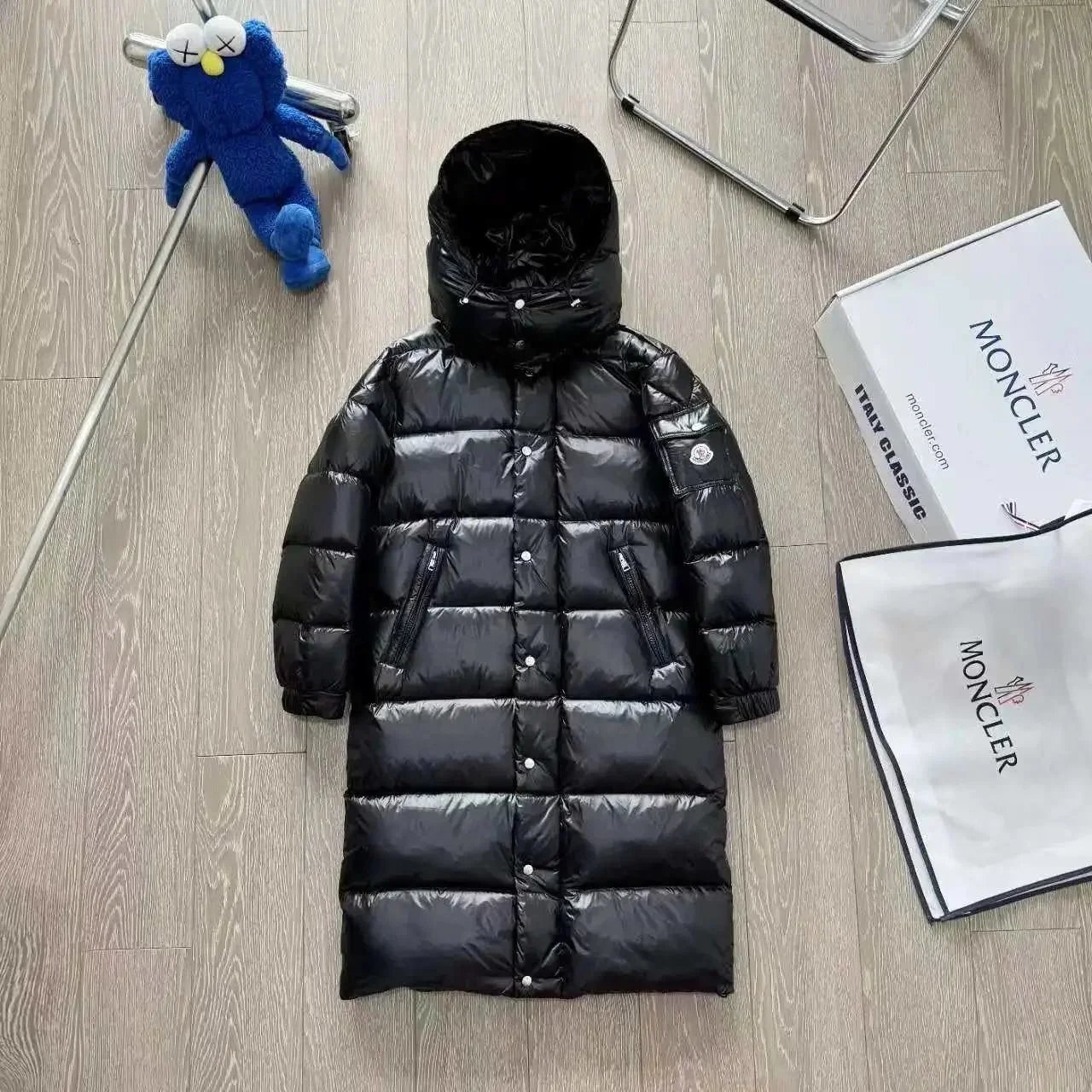 Moncler Maya Long Puffer Coat Black Glossy Finish Hooded