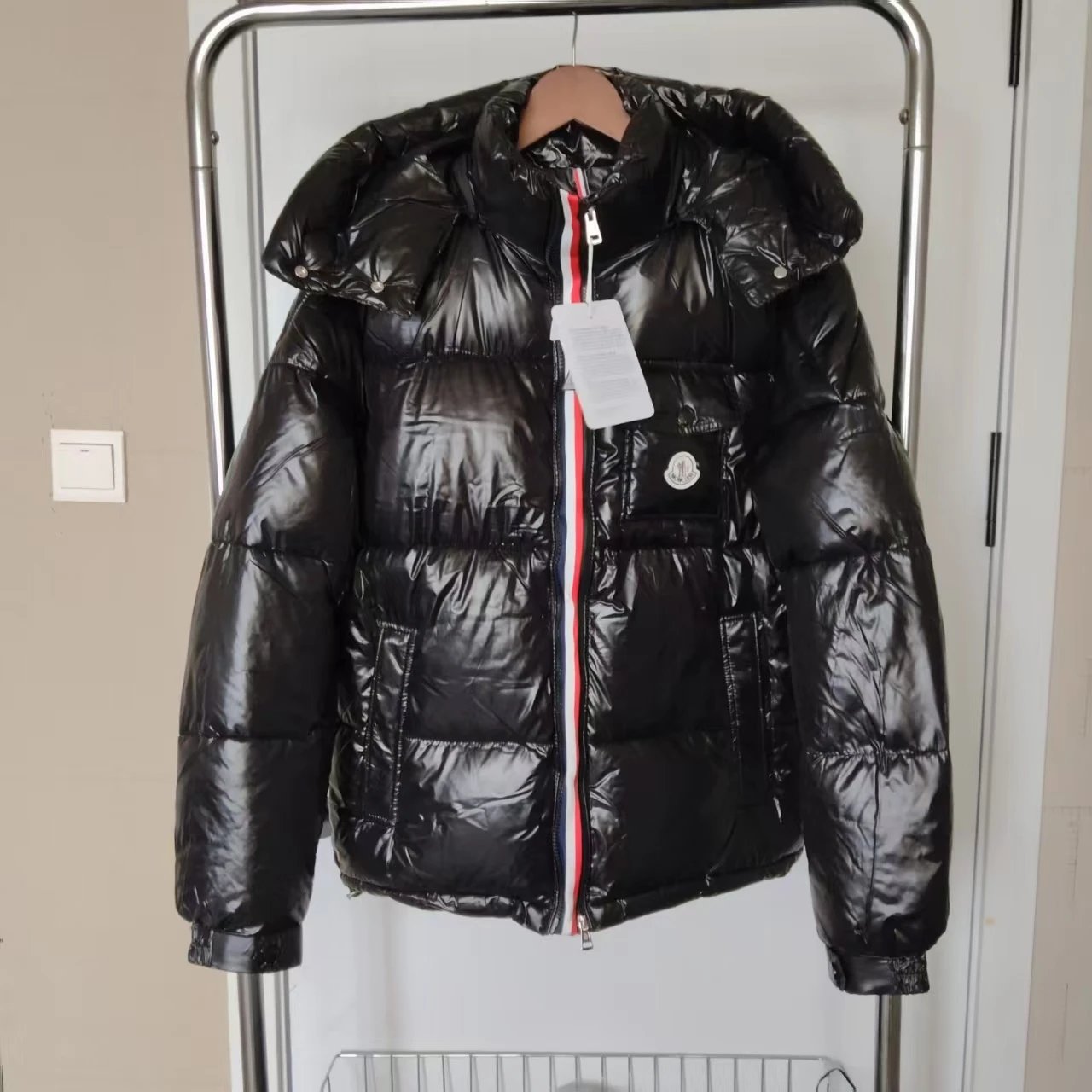 Moncler Maya Puffer Jacket Black Glossy with Logo Patch