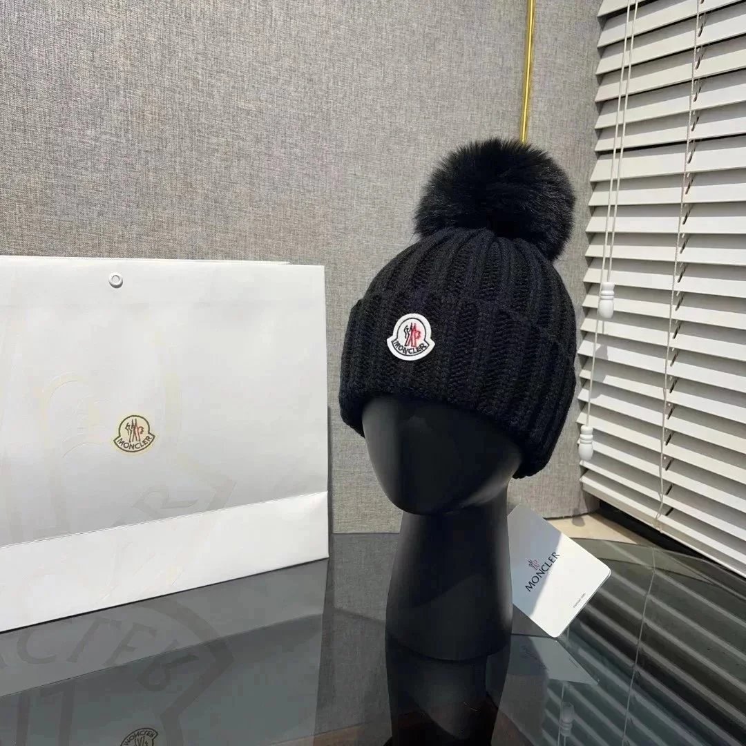 Moncler Ribbed Knit Beanie with Fox Fur Pom-Pom - Black