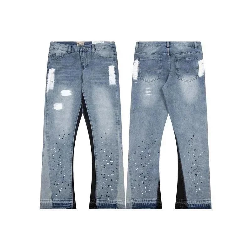 PALLER Distressed Paint-Splatter Flared Denim Jeans Blue